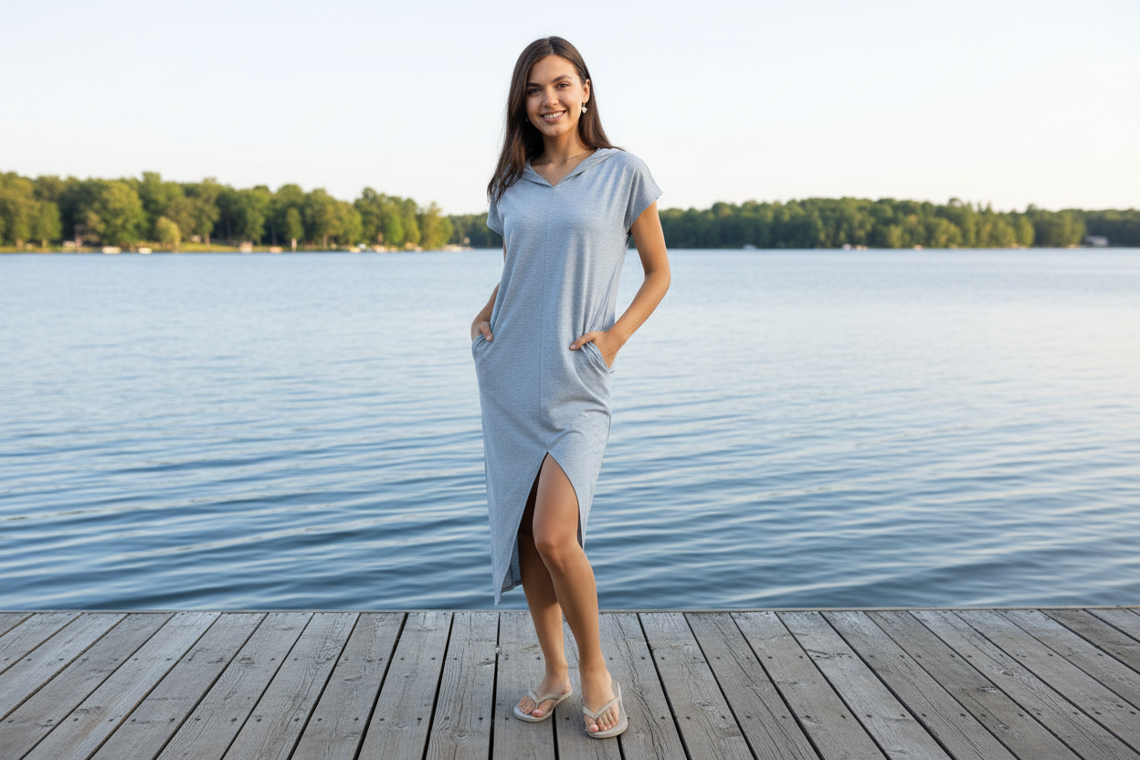 Swim Spot Short Sleeve Front Slit Hooded Dress